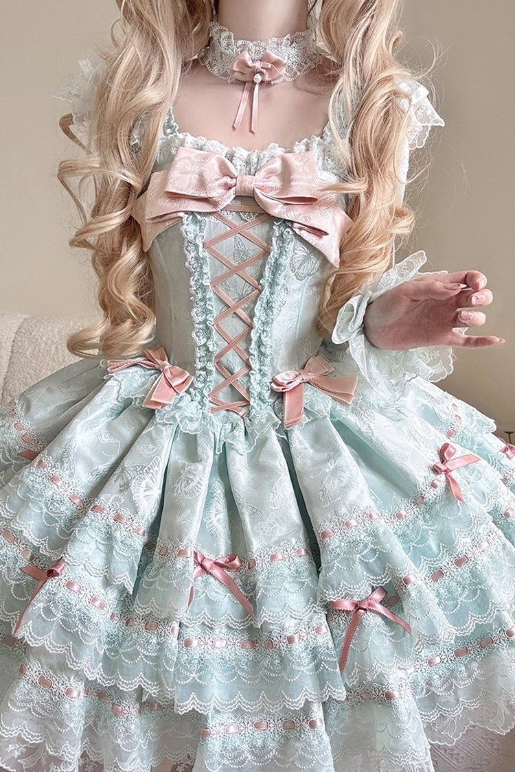 Green Sleeveless Ruffled Bow Lace-Up Sweet Elegant JSK - Flora Isle Butterfly