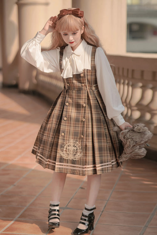 Detective-Inspired Double-Breasted Embroidered Plaid Sweet OP Gown