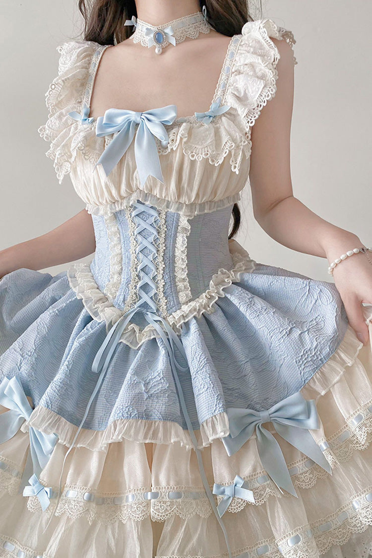 Blue Double-Layered Ruffled Bow Lace-Up Sweet Ballet JSK - Flory Butterfly
