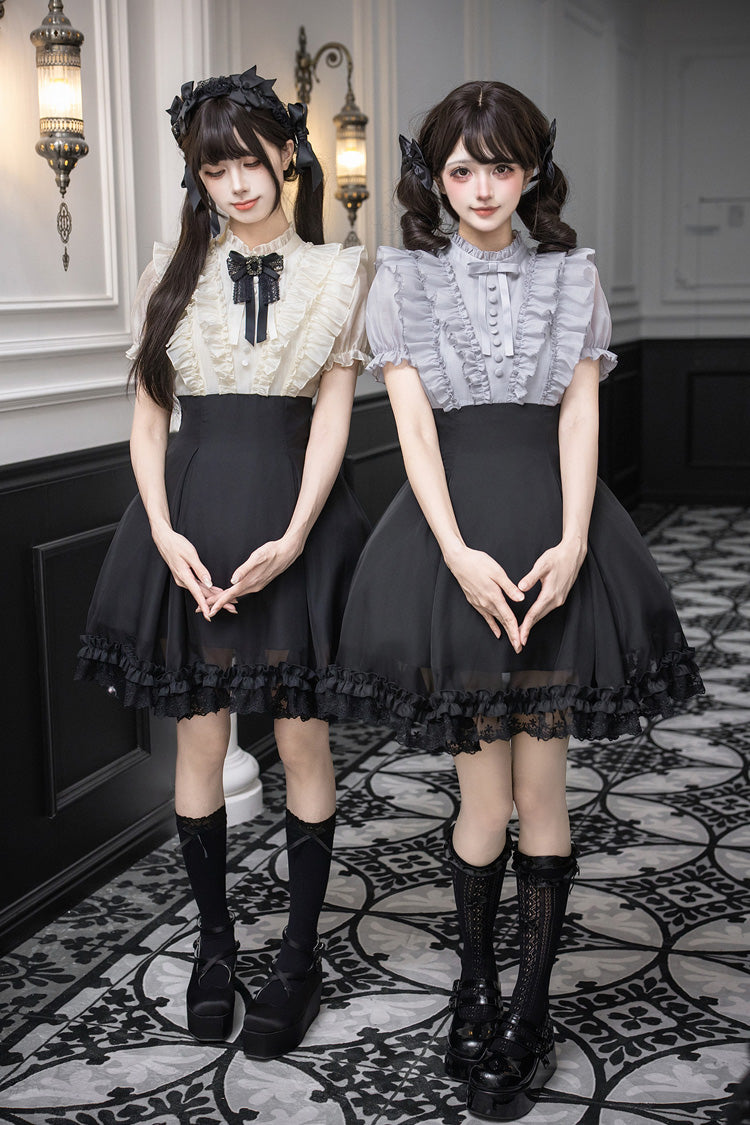 Miss Lola Snow Kiss Stand Collar Short Puff Sleeves Ruffled Color-Blocked Faux Two-Piece Sweet Lolita Dress 3 Colors - Black