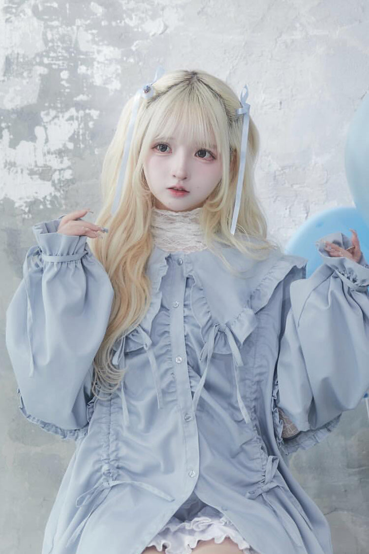Japanese Blouse with Doll Collar, Long Sleeves, Ruffles, and Bow, 3 Colors