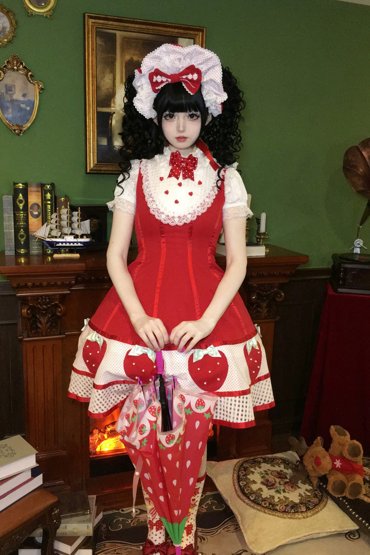 Sweet Lolita Dress with Stand Collar and Bow - Miss Peculiar Strawberry, 2 Shades