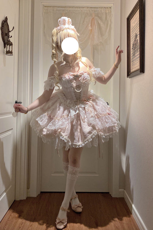 Anna's Ball Square Collar Ruffled Hanayome Bow Lace Ballet JSK - Pink