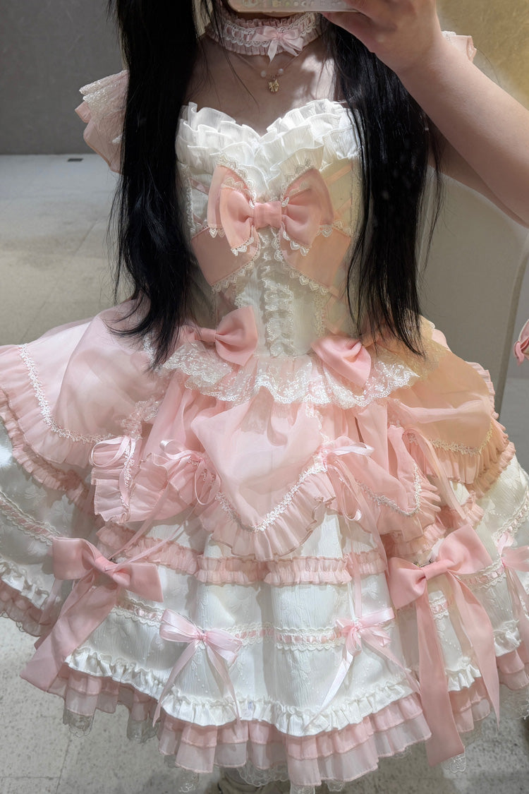Pale Pink & White Sleeveless Triple-Layer Ruffled Bow Lace Ballet Sweet Lolita JSK