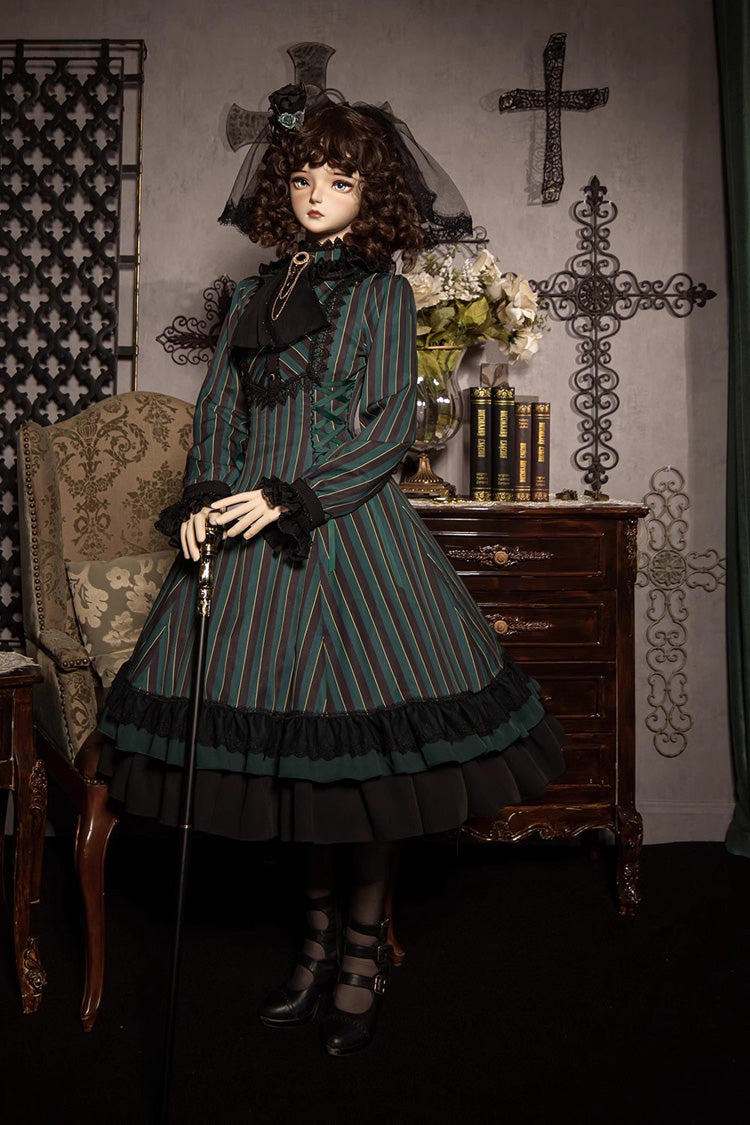 Point Manor Stand Collar Long Sleeves Multi Layer Striped Printed Ruffle Gothic Lolita Dress