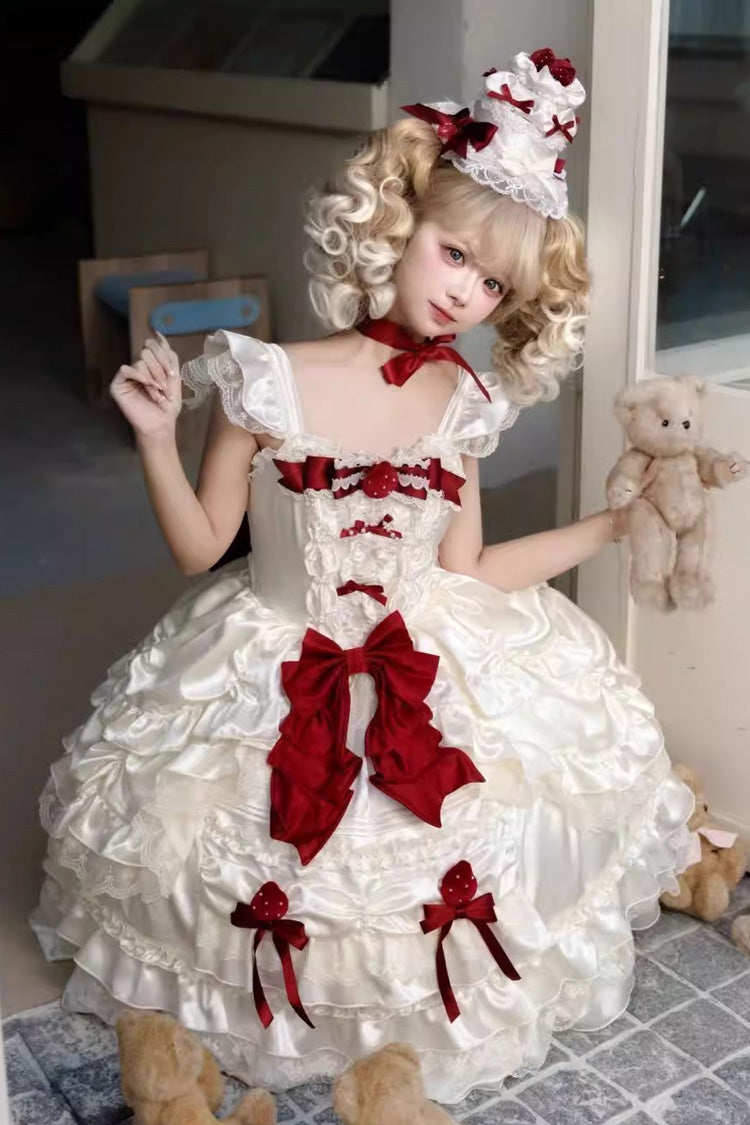 Sweet Apricot Square Collar Sleeveless Layered Ruffle Embroidered Bow Lolita JSK
