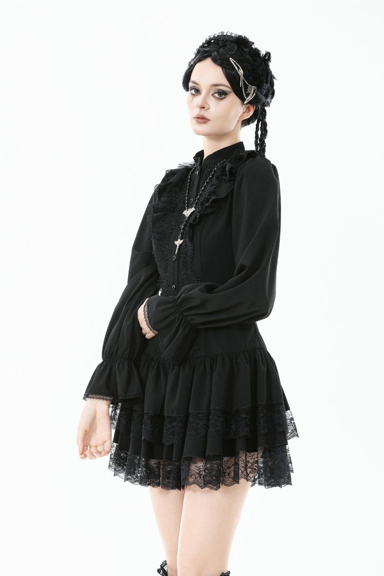 Jet-Black Lace-Up Dress with Bishop Sleeves and Layered Hem