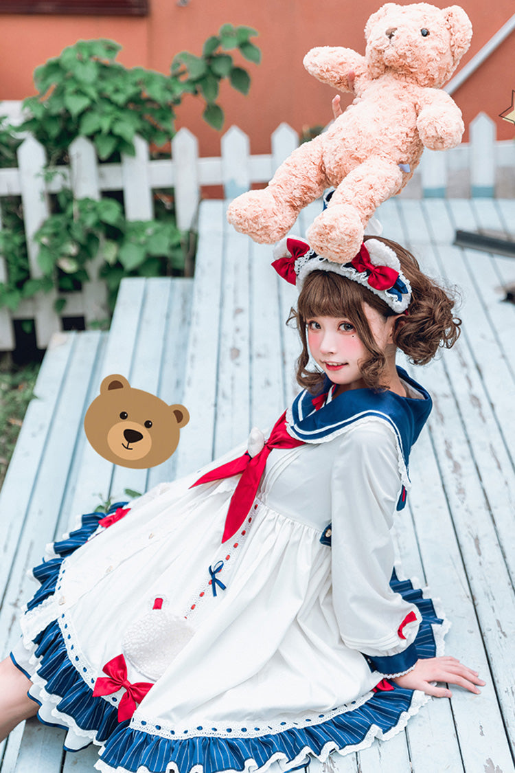 White Sweet Lolita OP Dress with Navy Collar and Bear Print Ruffles - Altfashion Shop