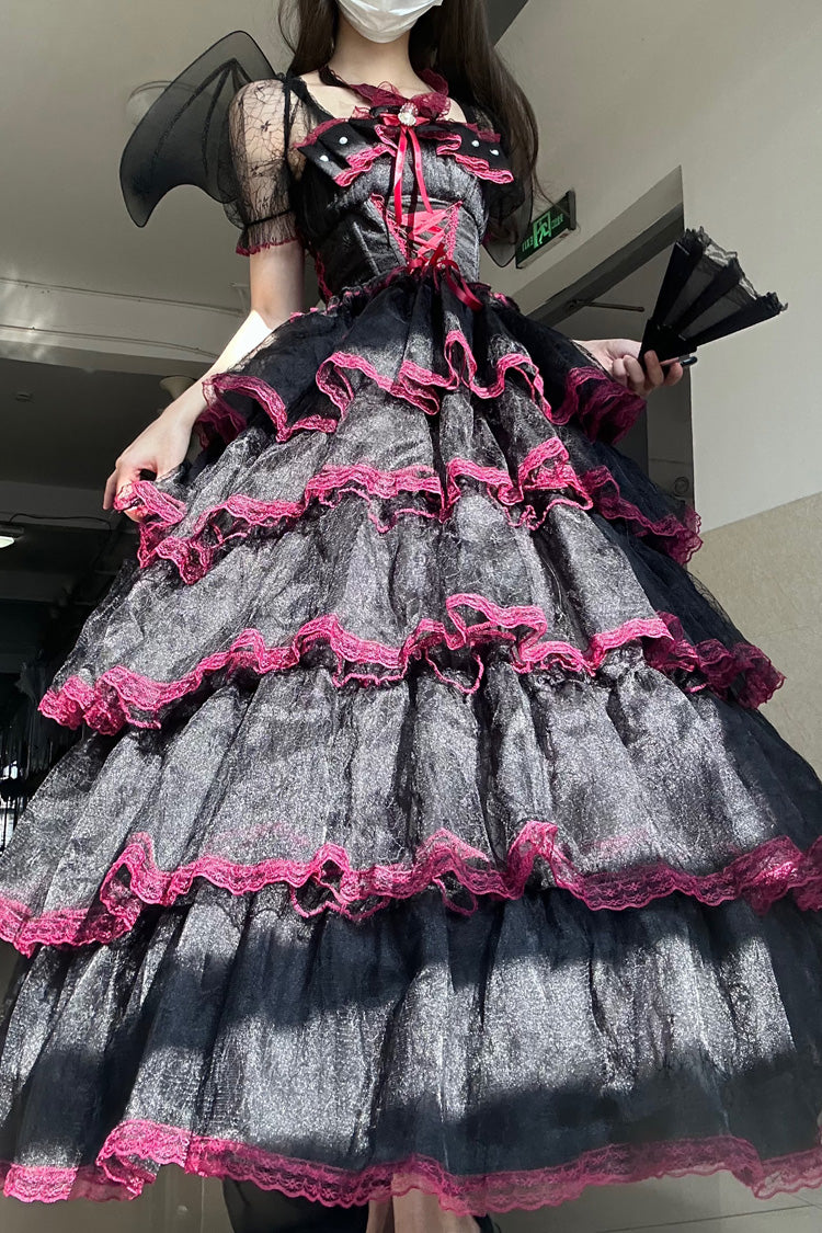 Black/Red Short Sleeves Multi-Layered Ruffled Bow Lace Plus Size Sweet Lolita Dress - Miss Brown