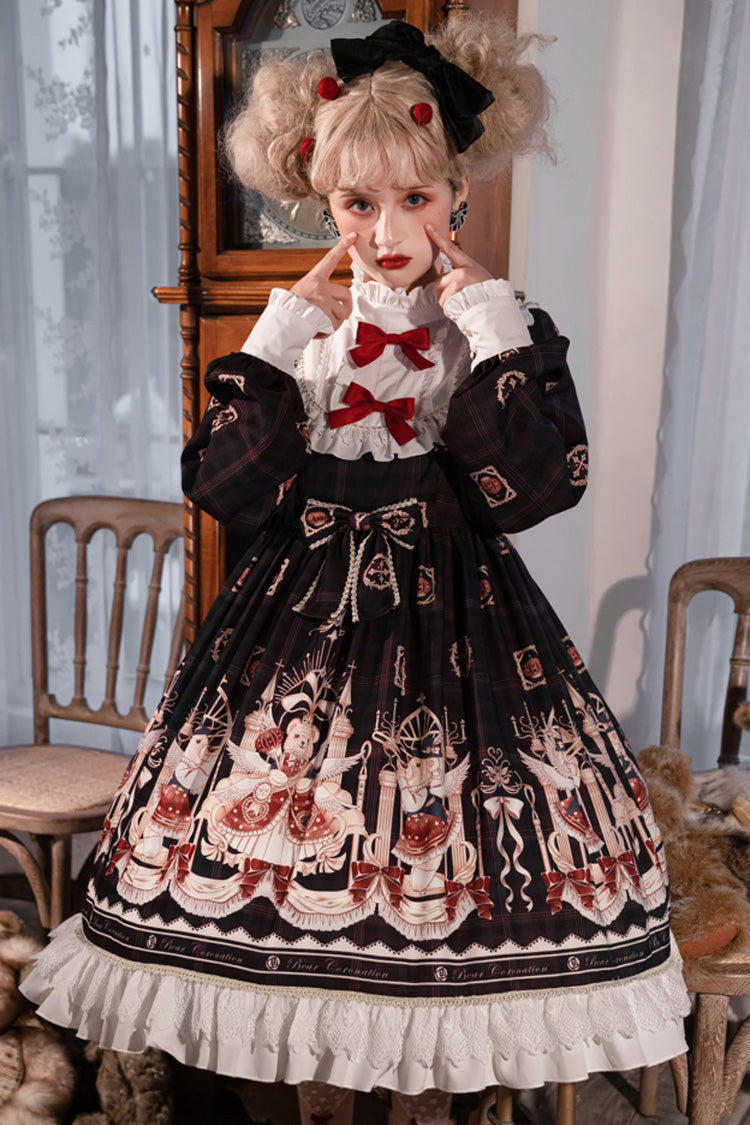Hanayome OP Dress with Bear Print, Ruffles, and Lantern Sleeves