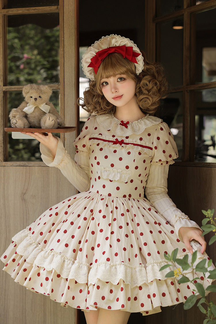 Apricot Sweet Elegant Lolita Dress with Cotton Round Collar Long Lantern Sleeves Polka Dot Print Ruffled Bow Lace