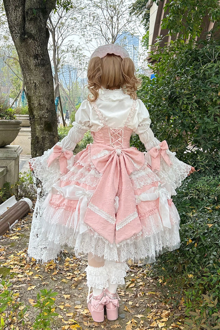Pink Sleeveless Multi-Layer Ruffle Bow Lace Sweet Plus JSK Dress