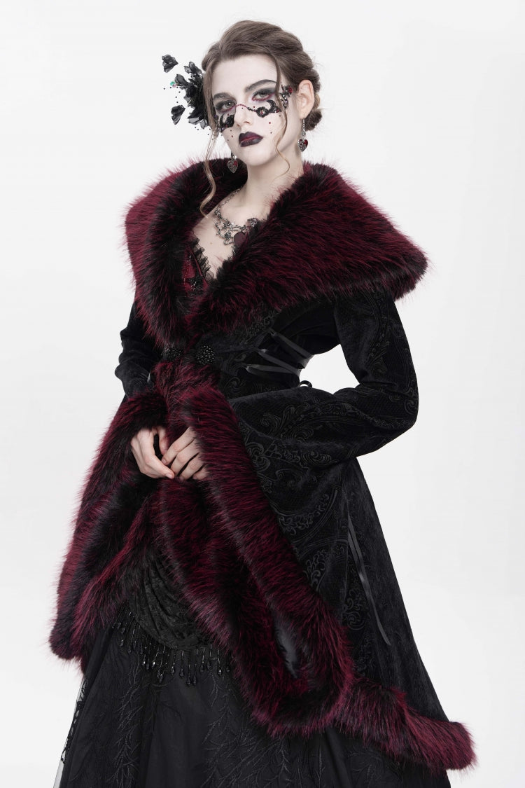 Crimson Floral Embroidered Gothic Fluffy Jacket