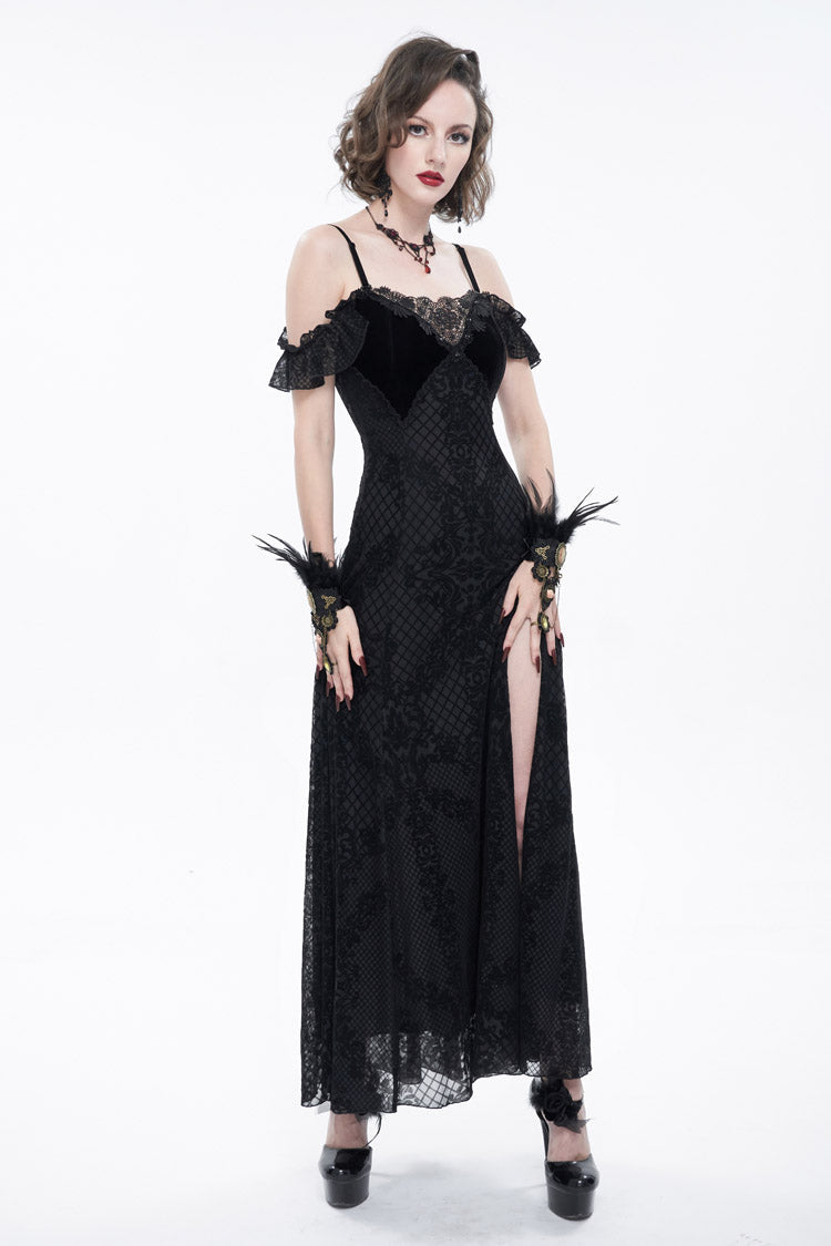 Raven Velvet Off-Shoulder Lace Gothic Dress with Ruffled Hem