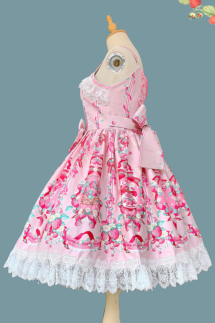Sleeveless Bowknot Lace Sweet JSK with Print - Strawberry Chef