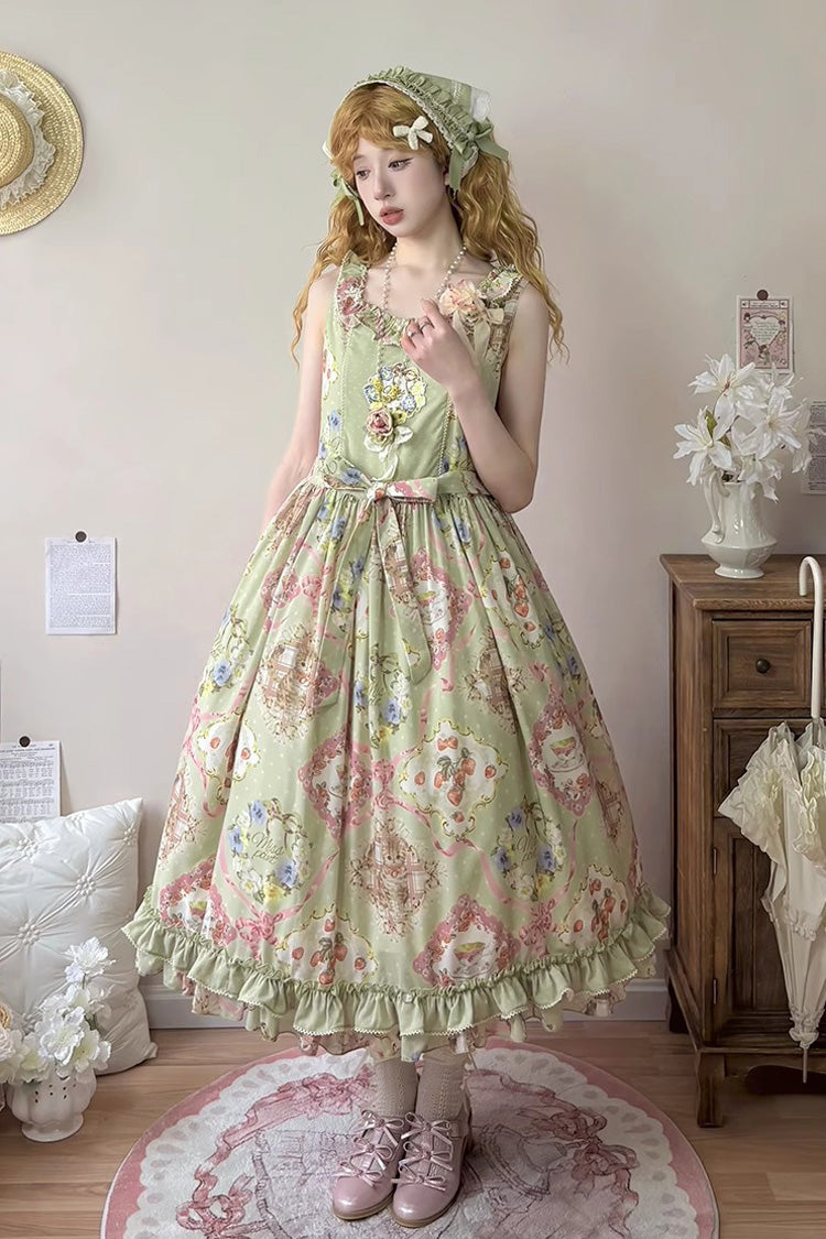 Green Sleeveless Print Ruffle Bowknot Sweet JSK Dress