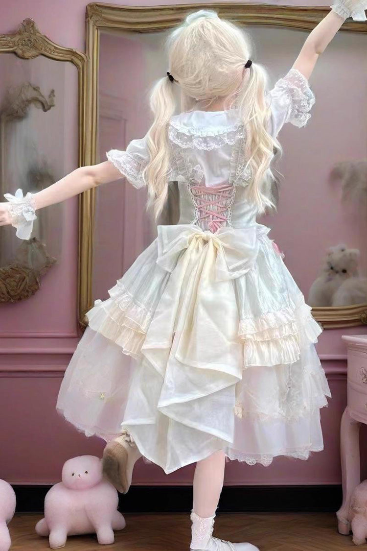 Sleeveless Triple-Layer Ruffle Bow Lace Sweet Princess Lolita Jumper Dress - Green