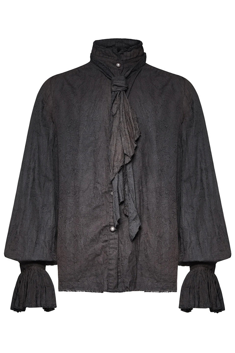Jet-Black Steampunk Tie Shirt with Lantern Sleeves and Metal Buttons