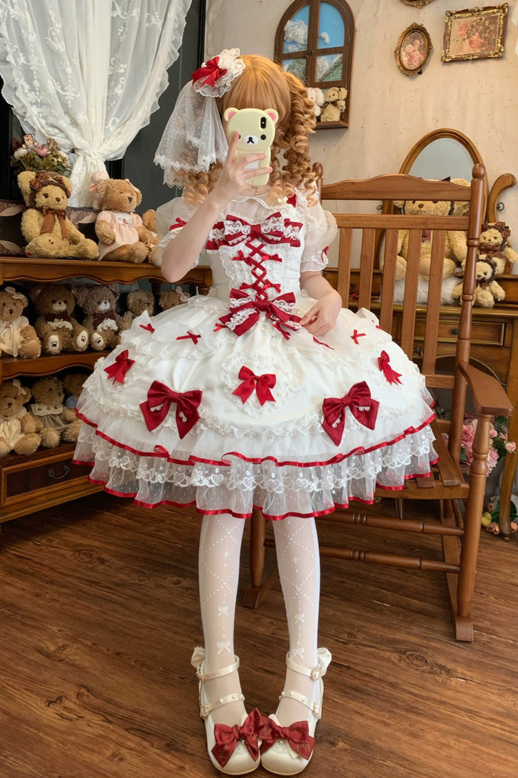 Ivory and Scarlet Heart Sleeveless Layered Embroidered Bow Lace-Up Sweet Lolita JSK