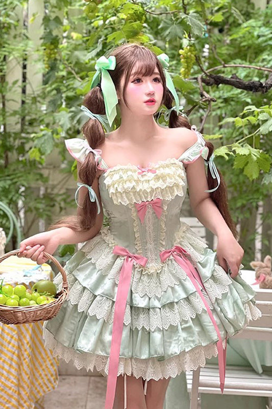 Green Multi-Layered Ruffled Bow Lace Sweet Ballet Lolita Dress