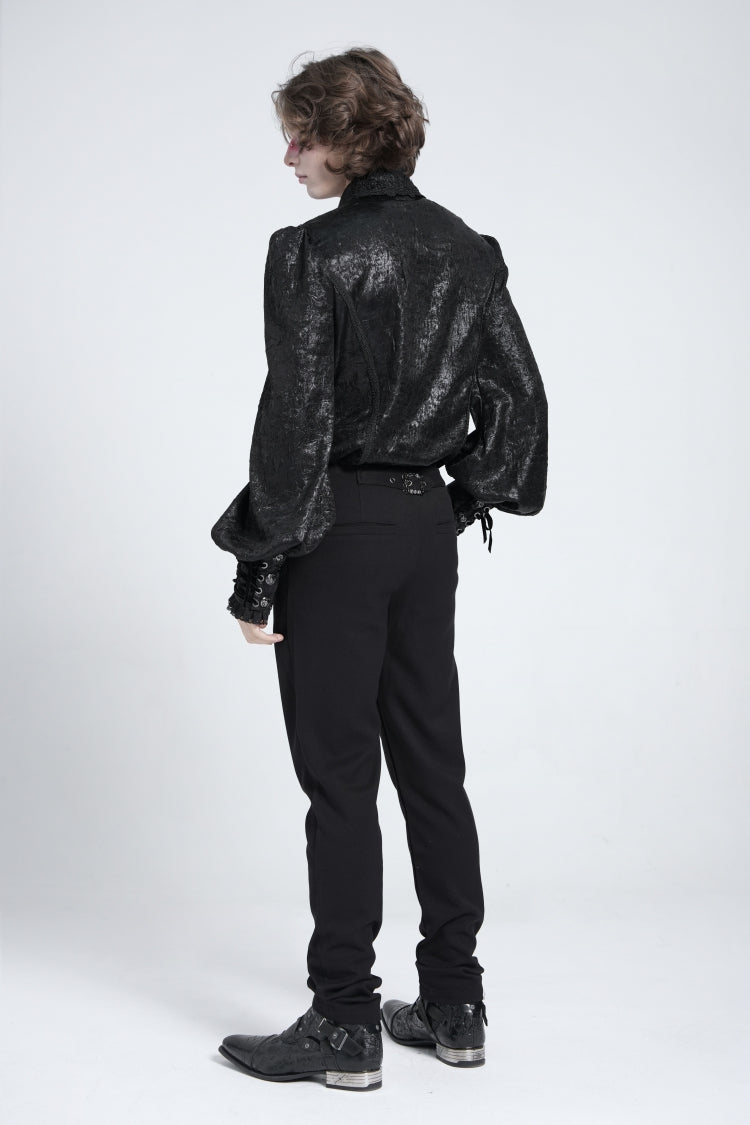 Jet-Black Gothic Blouse with Puffed Sleeves and Jacquard Lace for Men