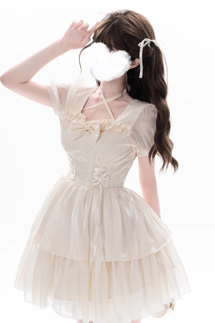 Apricot Sweet Lolita Dress with Multi-Layer Jacquard Ruffles Short Sleeves and Bowknot