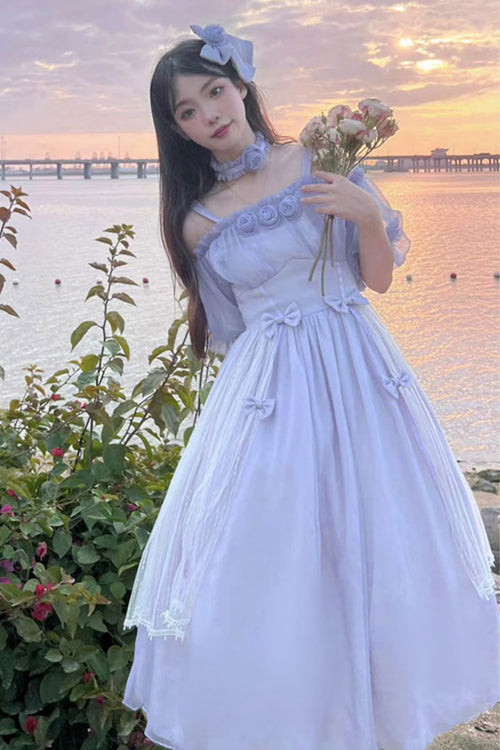 Boat Neck Bubble Short Sleeve Blossom-Adorned High-Waist Girly Lolita Dress