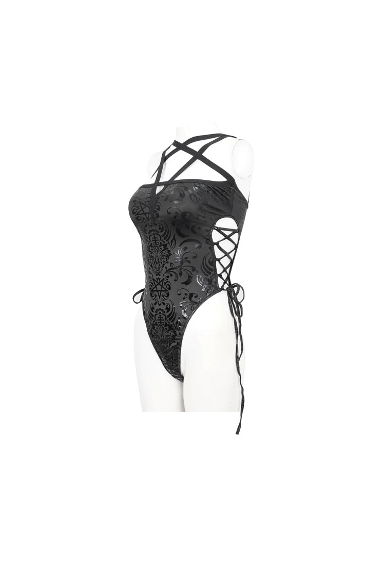 Mystic Print Cutout Strap One-Piece Gothic Swimsuit