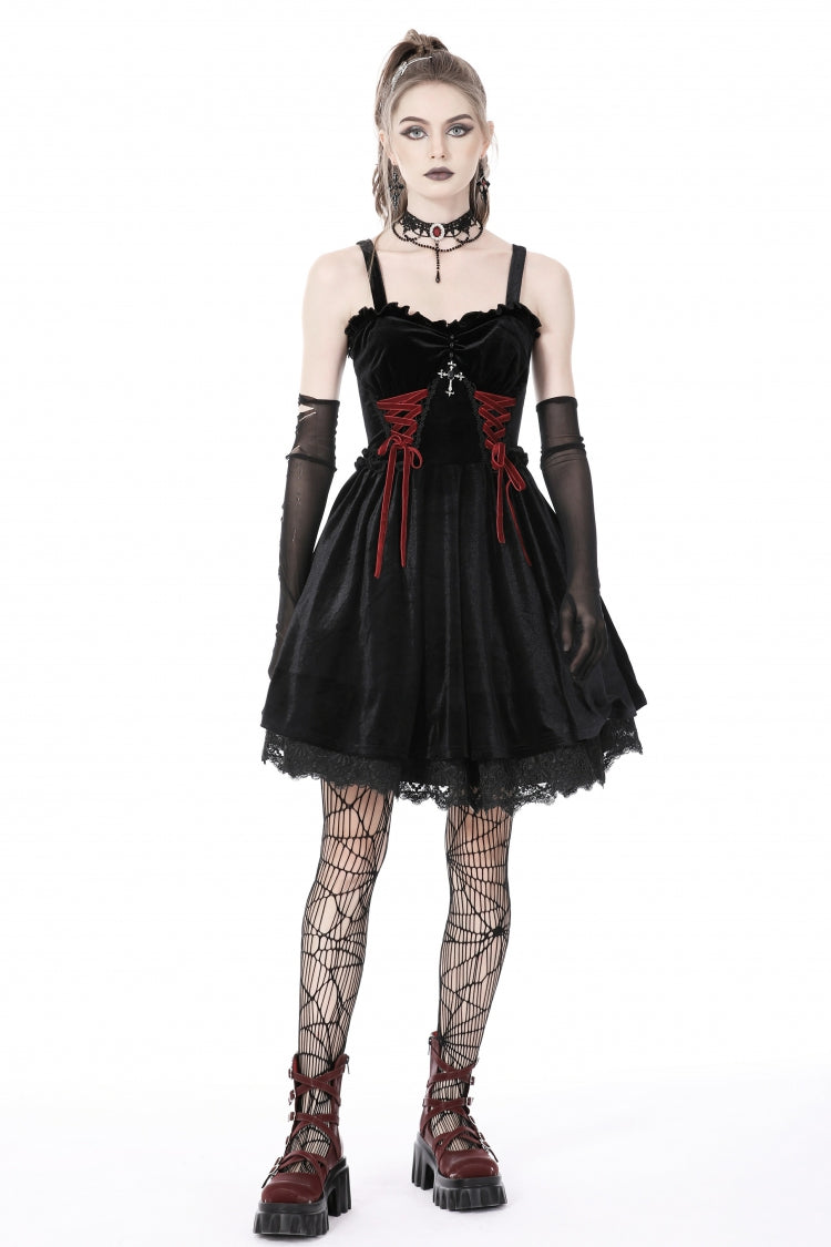 Crimson & Black Cross Lace-Up Velvet Slip Dress