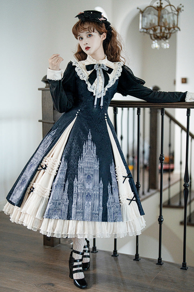 Black & White Church Bells Printed Ruffled Cardigan Bow Elegant Gothic Lolita Dress