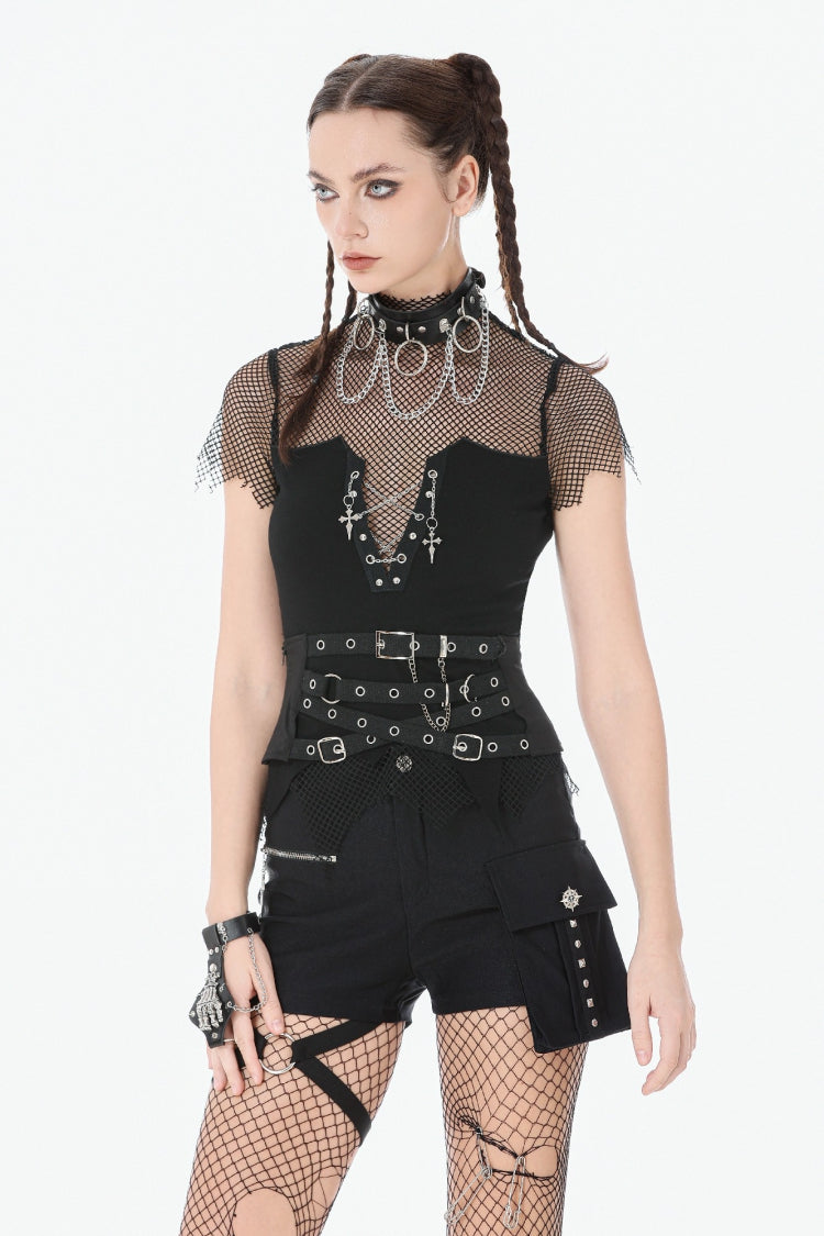 Dark Punk Top with Mesh Cutouts and Chain Embellishments