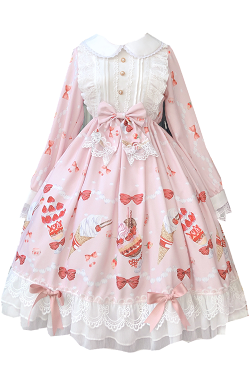 Blush Strawberry Print Doll Neckline Long Sleeve Lace Sweet Lolita One-Piece