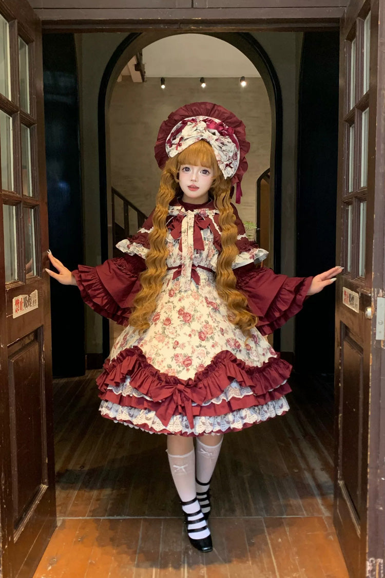 Burgundy Off-Shoulder JSK Dress with Ruffled Lace
