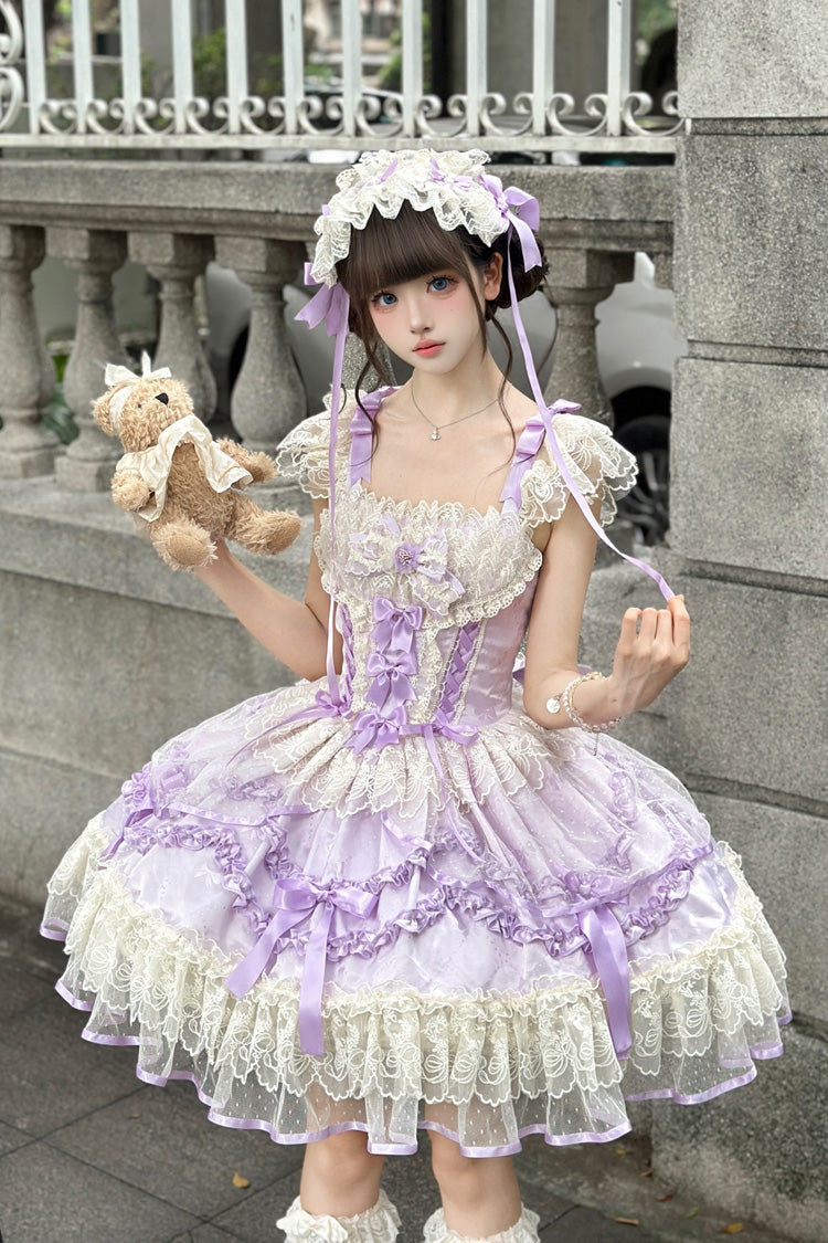 Dreaming Butterfly Violet Jacquard Ruffle Bowknot Lace Princess Lolita JSK - Dreaming Butterfly