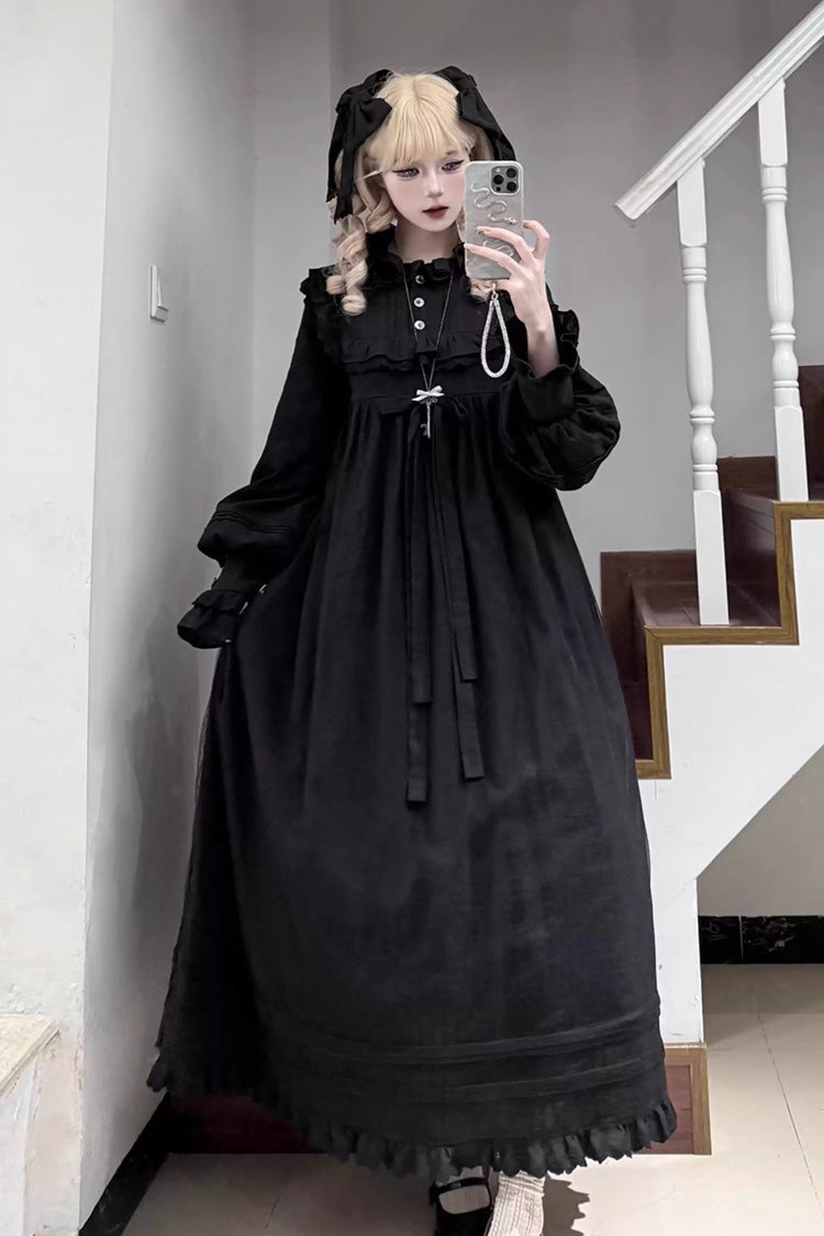 Black Gothic Nightgown with Ruffled Bow and Long Sleeves