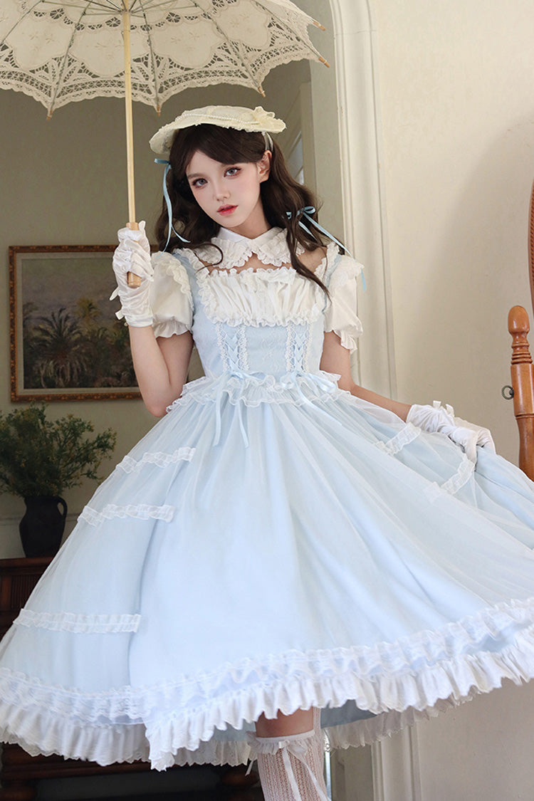 Light Blue Sweet Dress Set with Square Collar and Ruffles