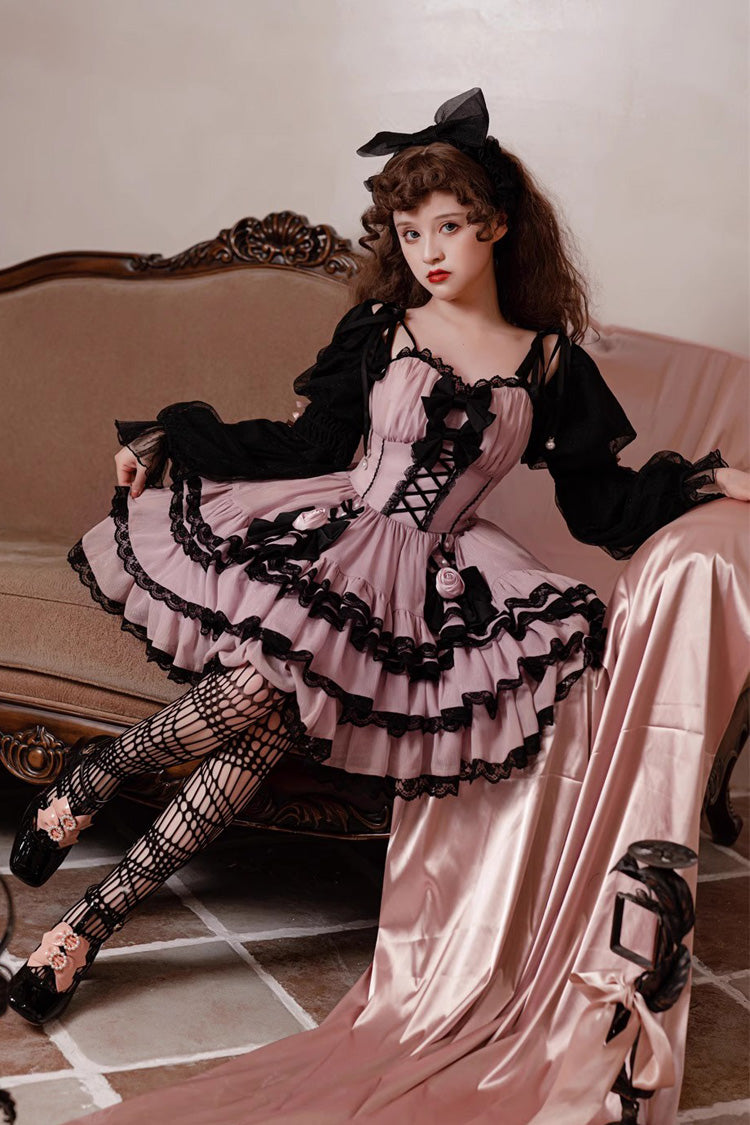 Purple Black Layered Ruffled Bow Sweet Lolita Long Sleeve Dress
