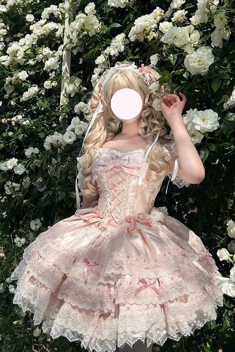 Pink Sleeveless Ruffled Bow Lace-Up Sweet Elegant JSK - Flora Isle Butterfly
