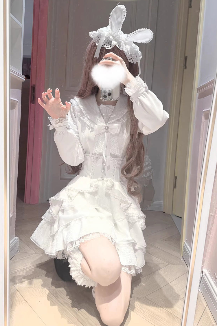 Ivory Long Sleeve Layered Skirt Set with Bows - Snow Season Love Letter