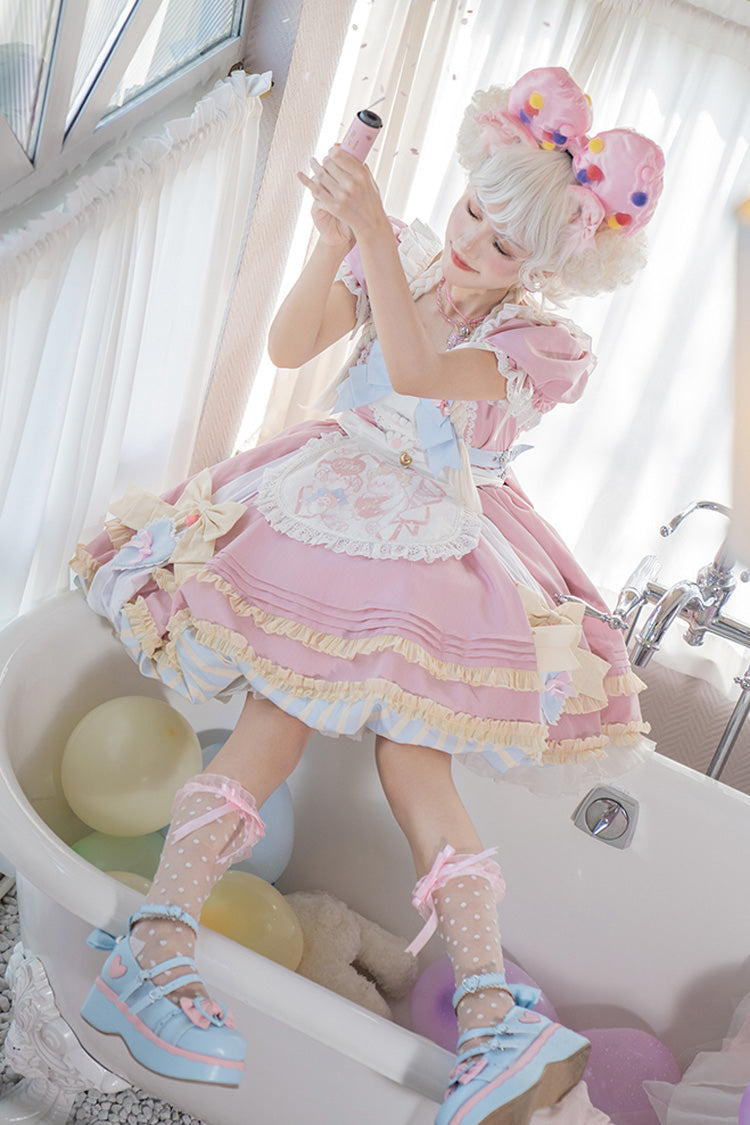 Pink Short Sleeve Print Ruffle Bowknot Lace-Up Sweet Princess Dress Set