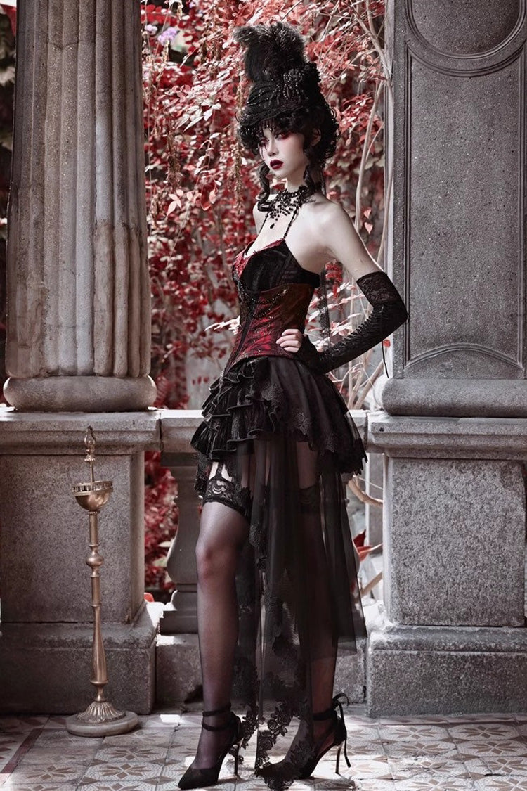 Crimson & Black Rococo Boned Bustle with Ruffled Layers