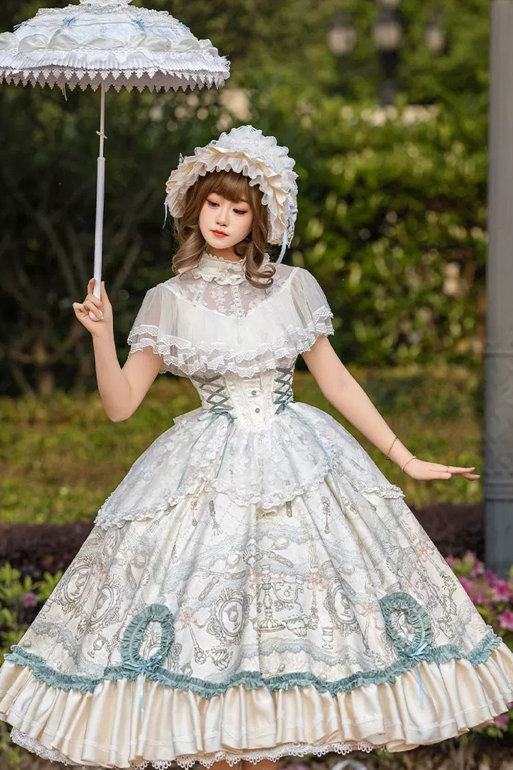 Cream Cloudborne Prelude Edwardian Collar Jacquard Printed Bow Frilled Lace Fishbone Classic Sweet Lolita Dress