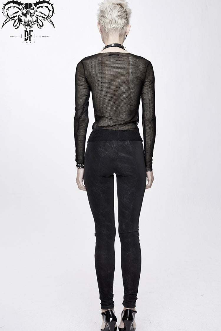Charcoal Crewneck Chest Skull Palm Long-Sleeve Mesh Shirt for Women