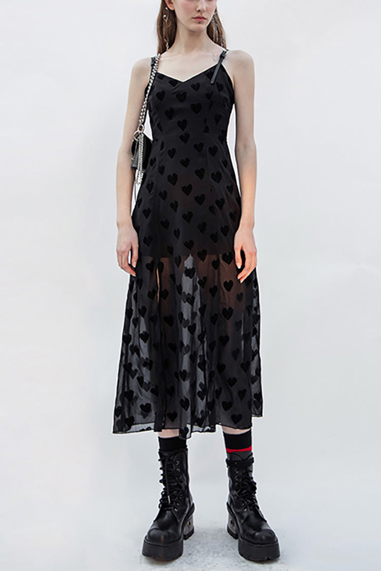 Heart Chiffon Waist Leather Sling Long Gothic Dress