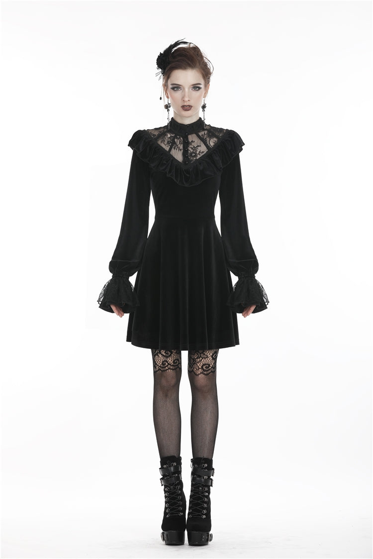 Deep V-Neck Ruched Velvet Lolita Dress with Lace Details