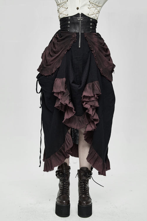 Printed Drawstring Burgundy Steampunk Half Skirt