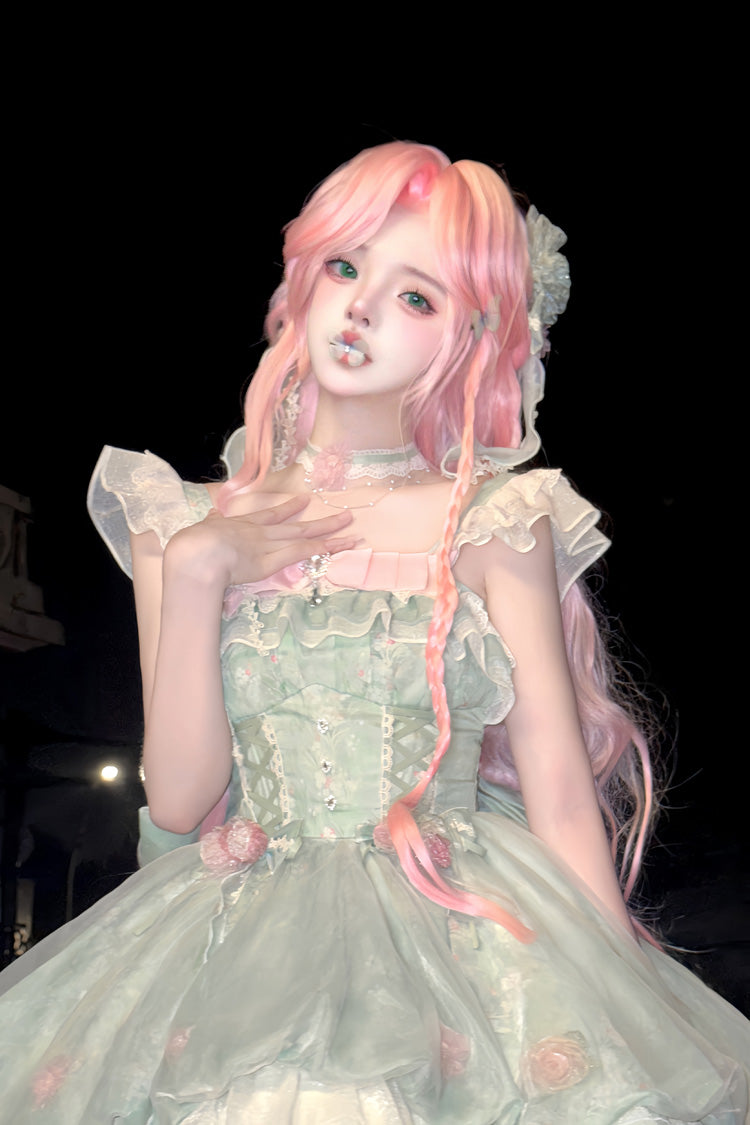Emerald Flower Fairy Forest Garden Print Frill Bow Lace Gown