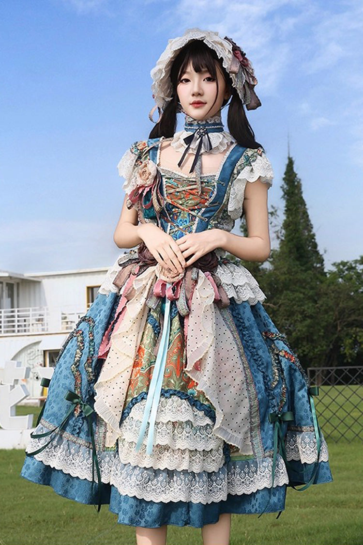 Blue Lake Monet Sleeveless High Waist Print Ruffle Cardigan Bow Lace-Up Vintage Elegant Princess Jumper