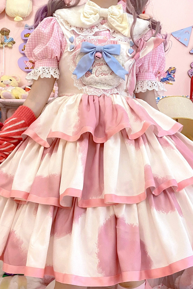 Pink Sleeveless Cow-Print Triple-Layer Ruffle Bow Sweet JSK Dress