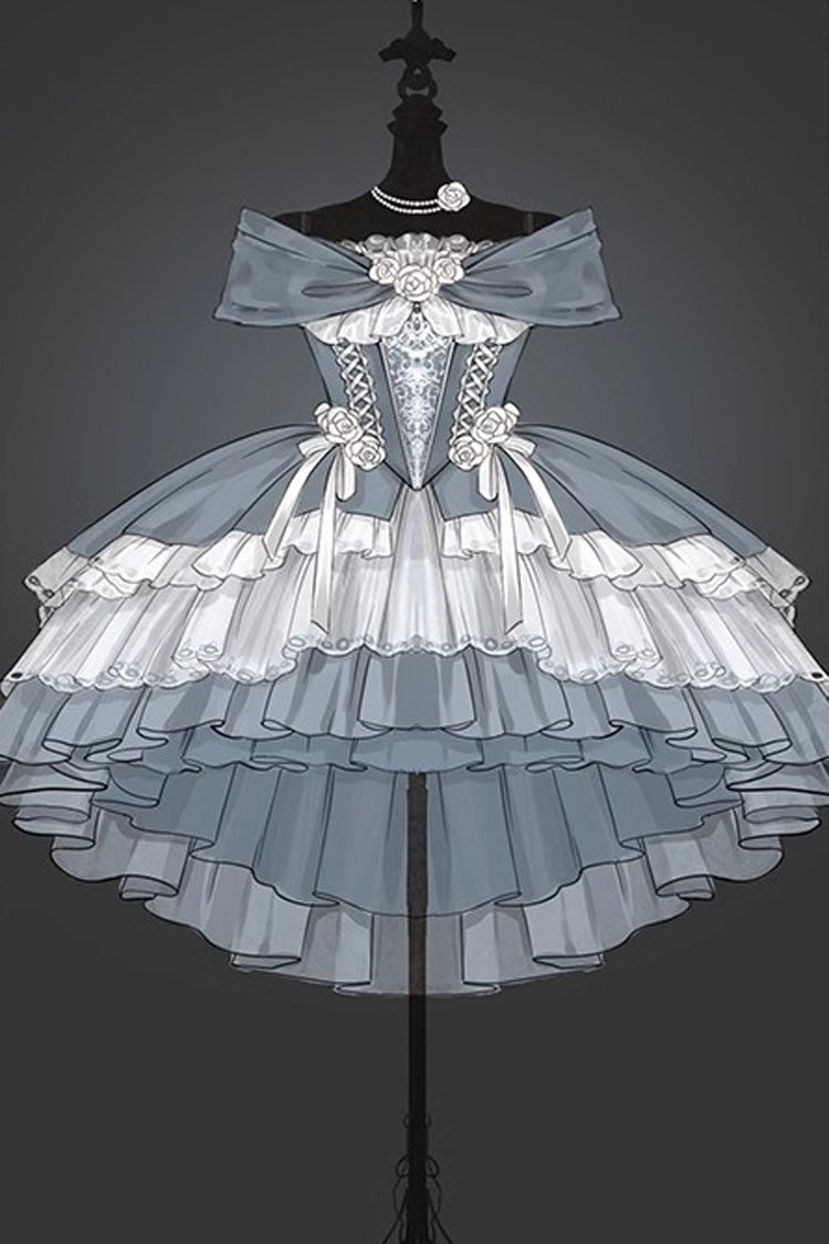Starry Night Sea Rose Off-Shoulder Multi-Layered Ruffle Embroidered Lolita